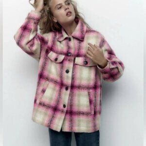 Zara Oversized Pink Plaid Shirt Jacket